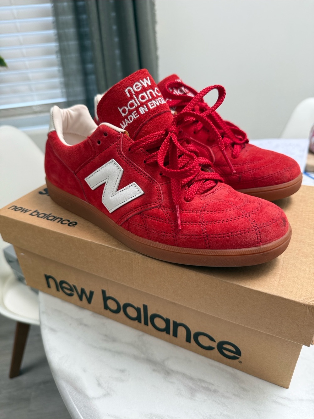 New Balance Men’s Red Suede Sneakers with White 'N' Accent